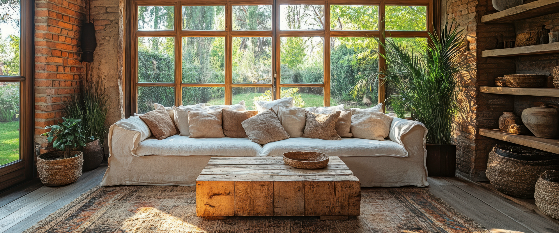 A cozy living room featuring a white sofa adorned with beige cushions, a rustic wooden coffee table, and vibrant greenery visible through large windows.