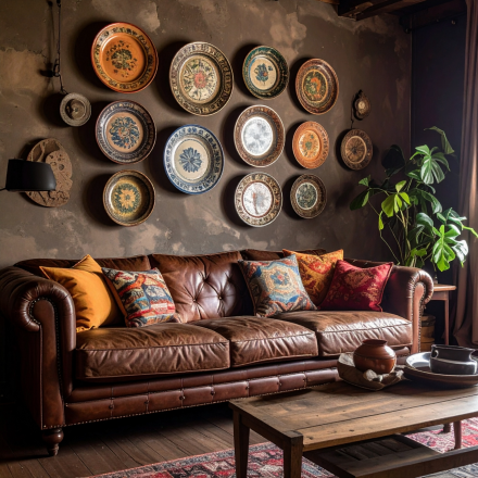Decorative plates hanging on the wall above a rustic leather couch.